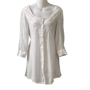 Myth NYC Women's White Button Down Pintuck Blouse Ties in Back Floral Lace Small